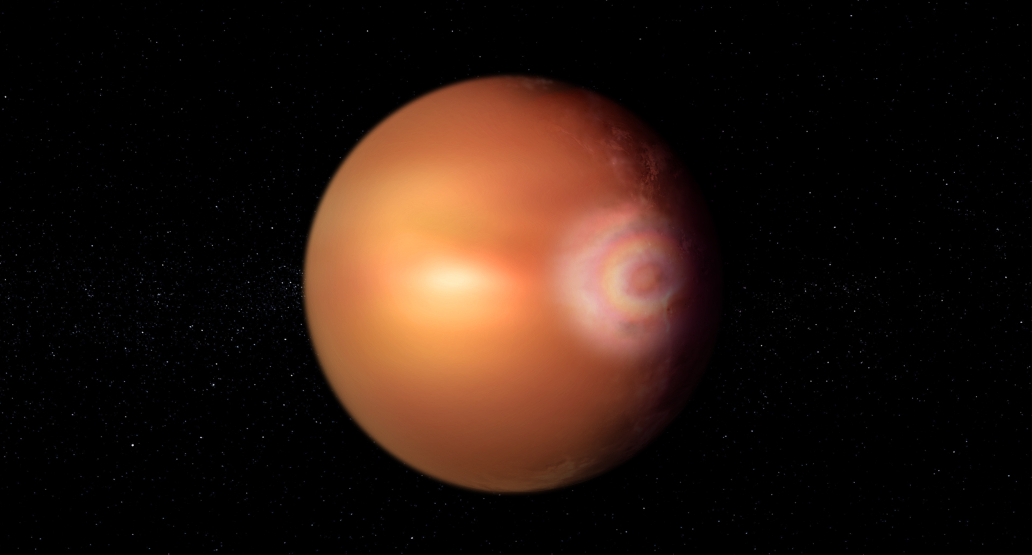 An artist's impression of a glory, a circular, rainbow-colored optical phenomenon, on exoplanet WASP-76b. An artist's impression of a glory, a circular, rainbow-colored optical phenomenon, on exoplanet WASP-76b.