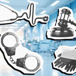A collage conceptual image showing a an X-ray of a person's abdomen, a stethoscope, a gavel, a pile of dollar bills, some handcuffs, and a pair of rubber gloves holding a medical mask. These items are arranged in two rows of three, one above the other, and they have been set on top of a background image of a hospital ward with a strong blue filter on the lens.