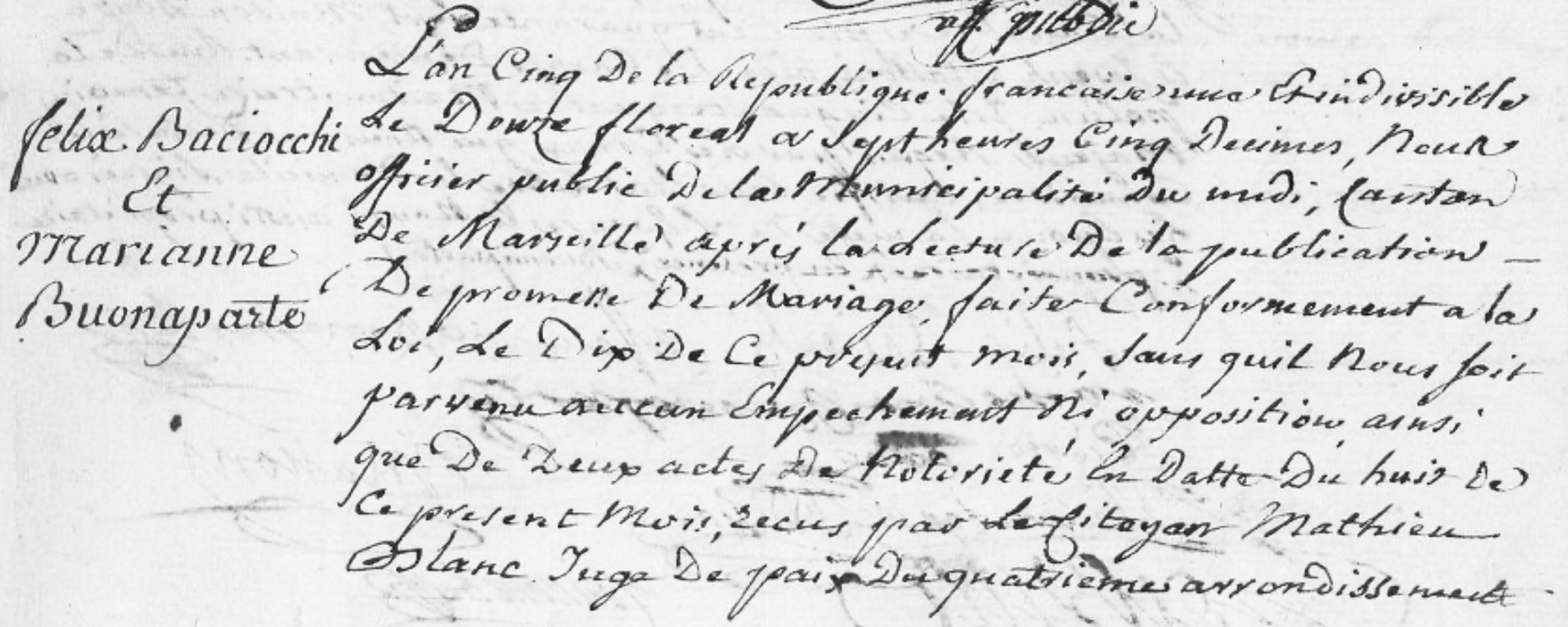  Marriage registration for Felix Baciocchi and Marianne Buonaparte, sister of Napoleon, in Marseilles, France