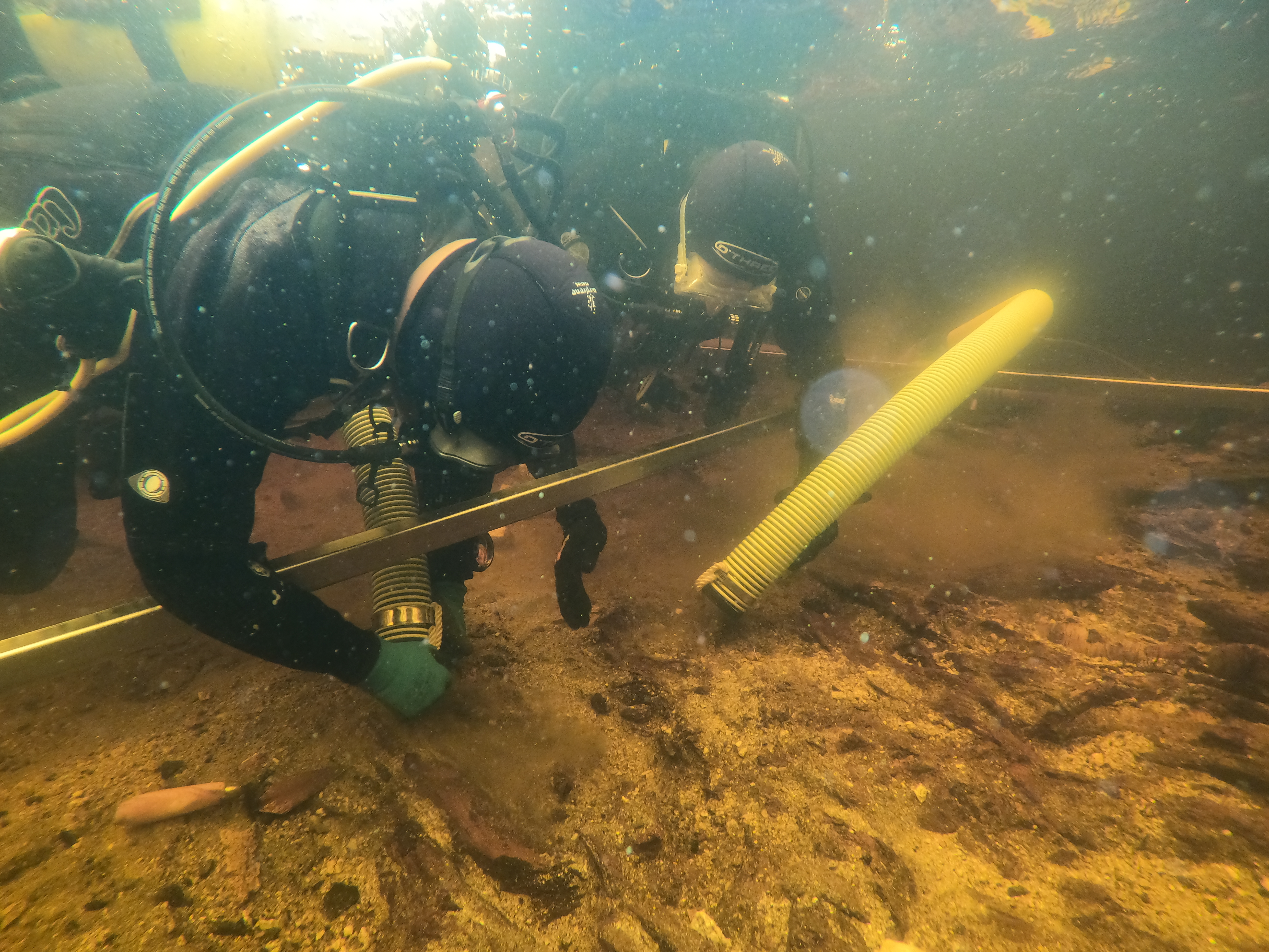 An underwater photo showing two divers in shallow, brownish water. They are examining the sediment and each has a large yellow pipe with them. There is a yellow bend in front of them, indicating a boundary for their assessment. An underwater photo showing two divers in shallow, brownish water. They are examining the sediment and each has a large yellow pipe with them. There is a yellow bend in front of them, indicating a boundary for their assessment.