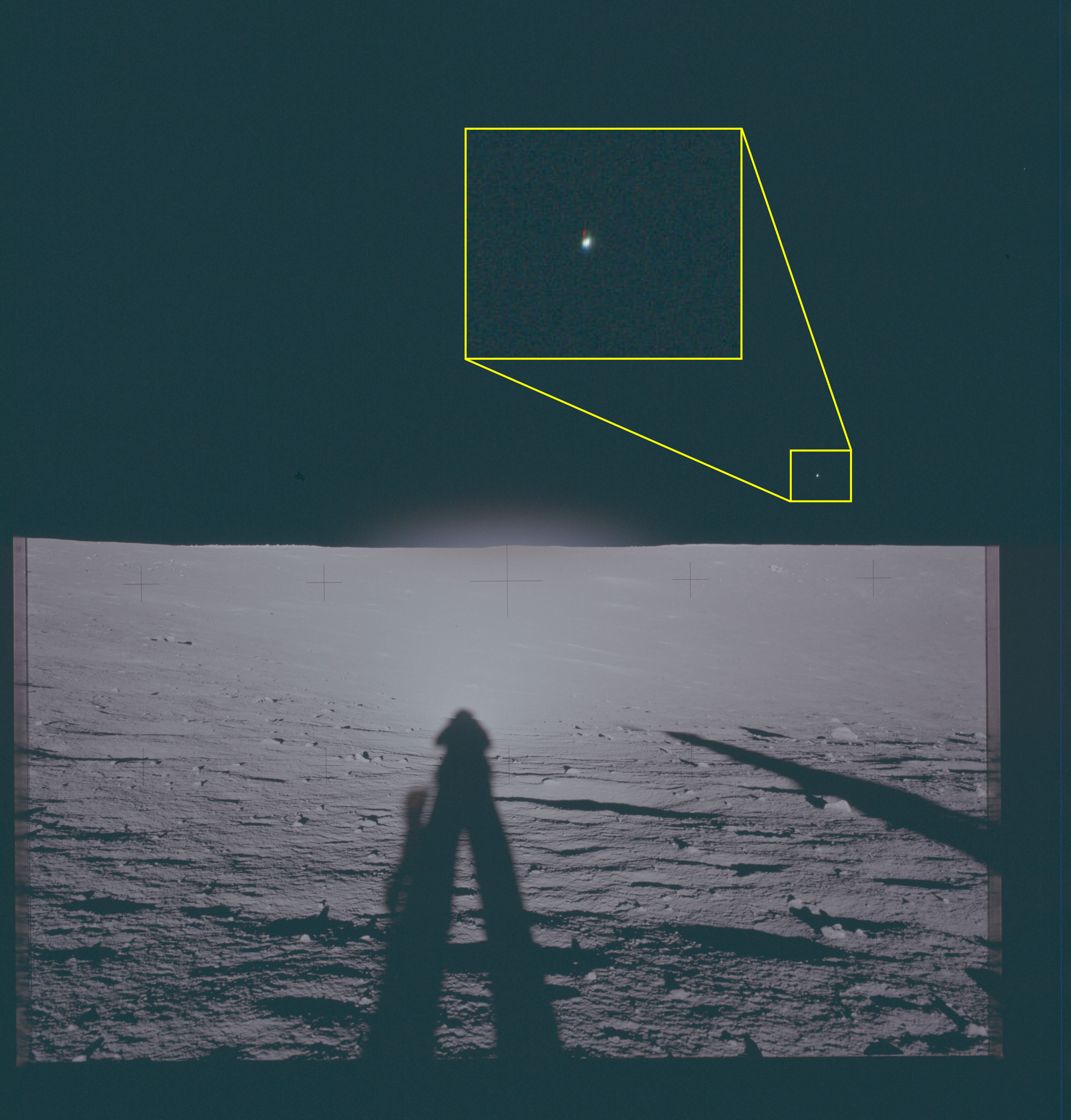 the picture of an astronaut shadow on the moon and in the sky a round dot.