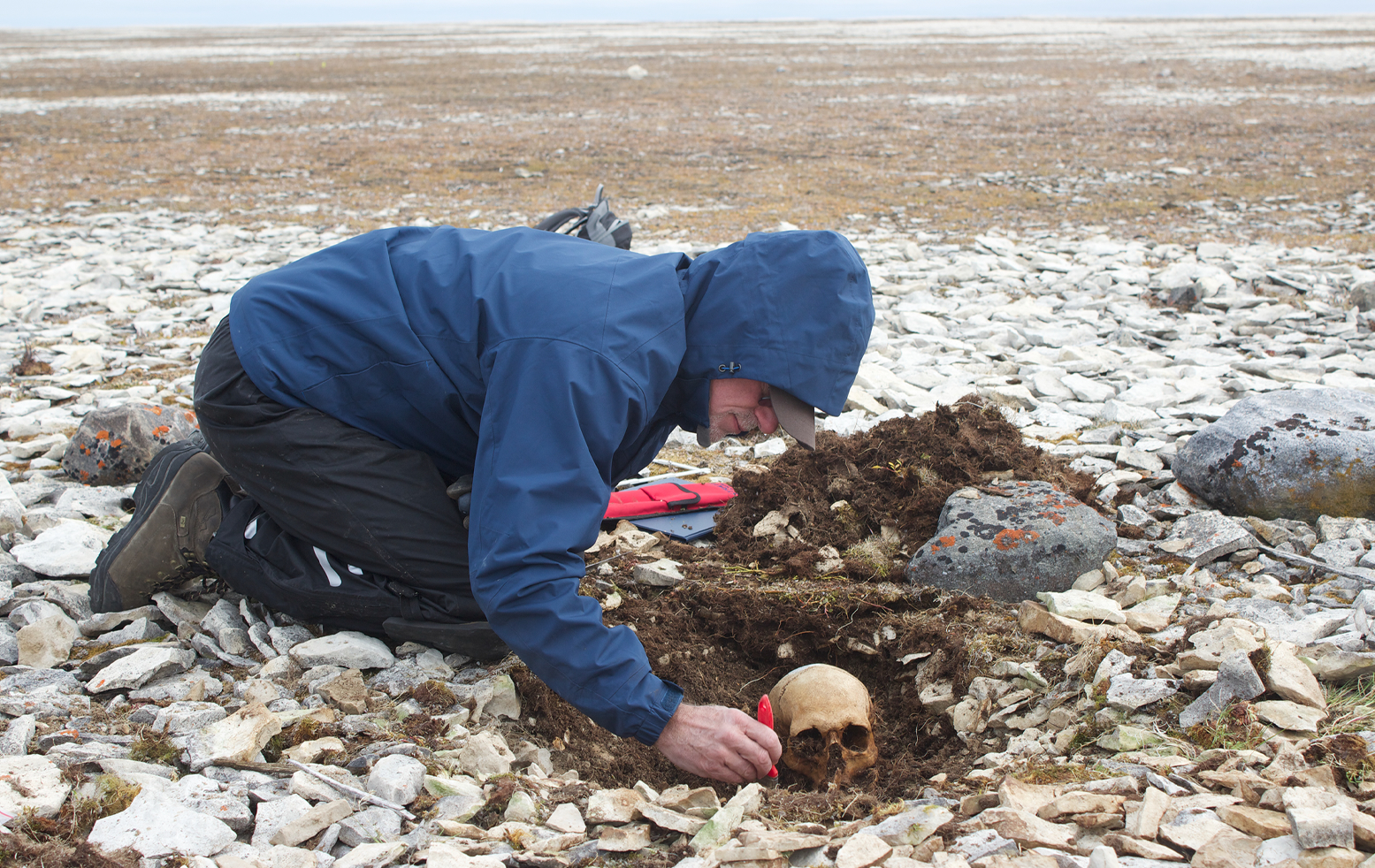 Dr. Douglas Stenton, Anthropologist and Adjunct Assistant Professor at the University of Waterloo, excavating the bones of Franklin sailors at Erebus Bay (University of Waterloo).