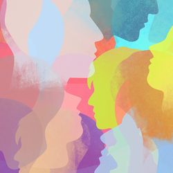 Multiple silhouettes of people in differennt colours