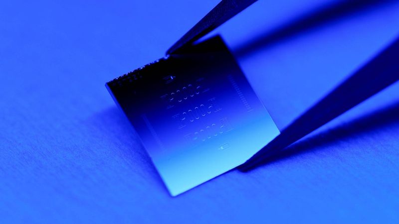 a pair of tweezers is holding a shiny thin metal square.