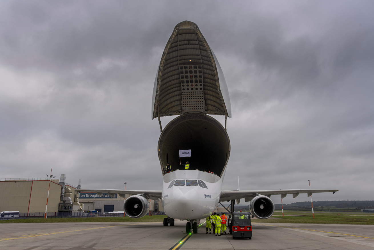 BelugaST 5 lifts up its cargo hold after landed on January 29, 2026, at Broughton in North Wales.