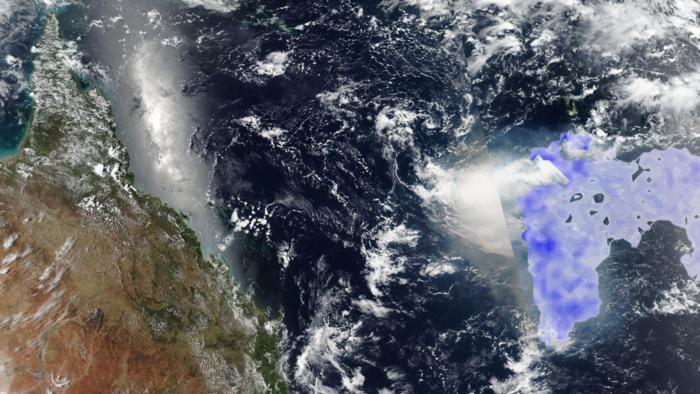 The purplish color represents formaldahyde seen in the plume from the Tonga eruption on January 16, 2022 as seen by the VIIRS satellite The purplish color represents formaldahyde seen in the plume from the Tonga eruption on January 16, 2022 as seen by the VIIRS satellite