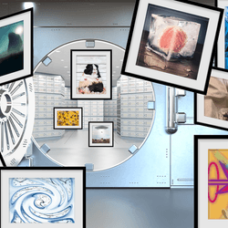 A digital photo showing a classic vault-like aperture with an open door. Within the vault are columns with draws from which photos are escaping. The photos have spilled out of the vault and show, from left to right, a framed image of a load of leeches; the spiral inside a shell; a black and white photo of a dog having another head sown to its neck; a digital image of a person at night shining a light on a giant-like creature; a digital image of clocks swirling and stretching; a brain in a block of ice; a photo taken from first-person perspective of a patient looking up at their surgeons from an operating table; a mummified body of an alien-like creature; and a man being shot by a ray gun that's shrinking him. Inside the vault, there are three framed images, one of the guinea pig sitting up; a handful of dried psilocybin mushrooms arrange on a yellow background; and a photo of cows in a field, one of which is being beemed up into the air by a UFO.